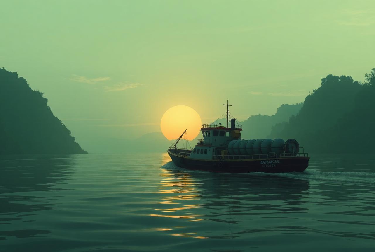 Ilustração conceitual de embarcação transportando combustível em rio amazônico
